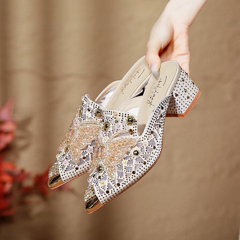 Damskie Kapcie Baotou Moda Motyl Szpiczaste Damskie Kapcie Siatkowe Baotou Ręcznie robione Cyrkonie Damskie Półkapcie Sandalias