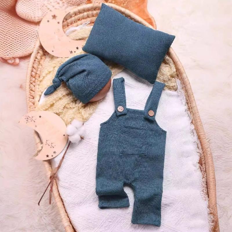 Infants Photo Shoots Apparel Set Solid Color Jumpsuits and Knotted Hat Pillow Photography Props for Baby Pictures Taking