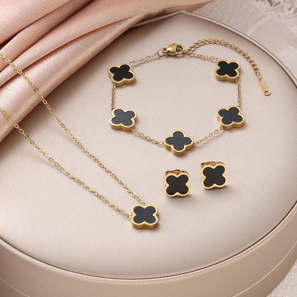 Titanium Steel Four-leaf Clover and Five-flower Necklace Earrings and Bracelet Set Colorfast and Luxurious Clavicle Chain