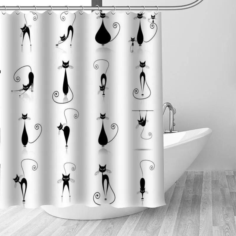 3D Cartoons Black White Cat Bathroom Waterproof Shower Curtain Simple Footprint Bathroom Curtains for Bathtub Screen with Hooks