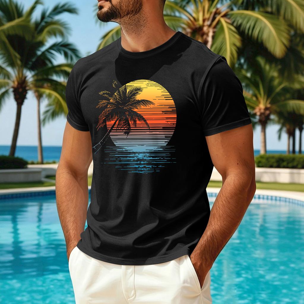 Men Summer Hawaiian Print Crew Neck Ice Silk Top Casual Sun Quick Dry Short Sleeve Shirt for Outdoor Sports