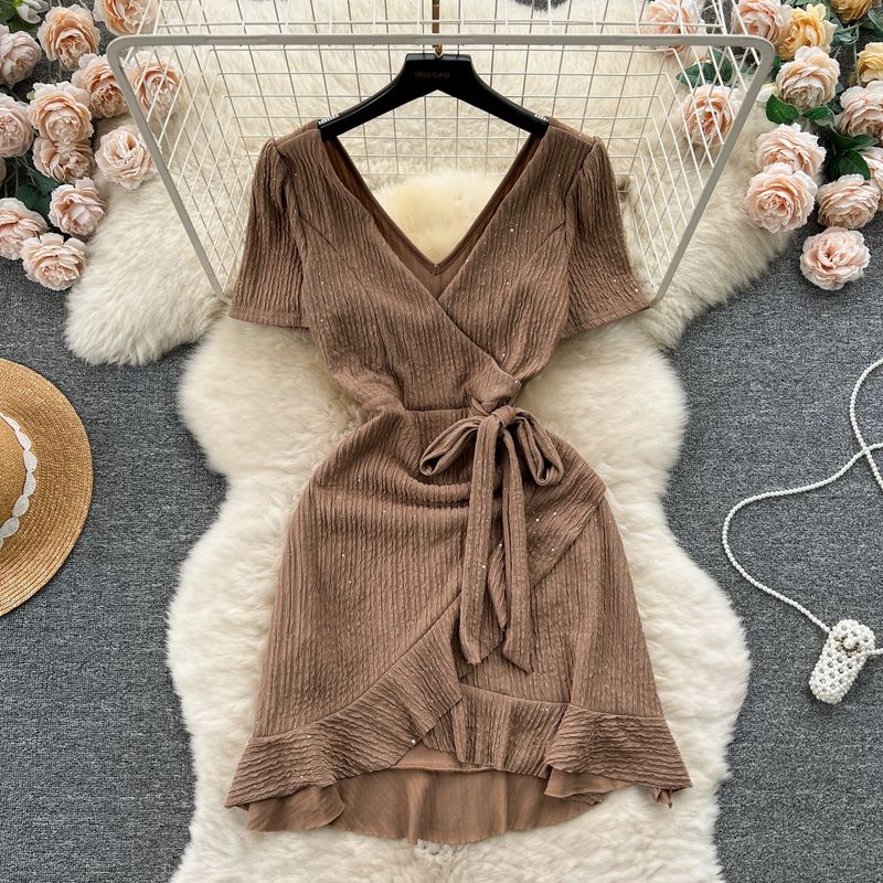 

Small Lace-up Waist-Controlled Sweet Lotus Leaf Dress Curry L