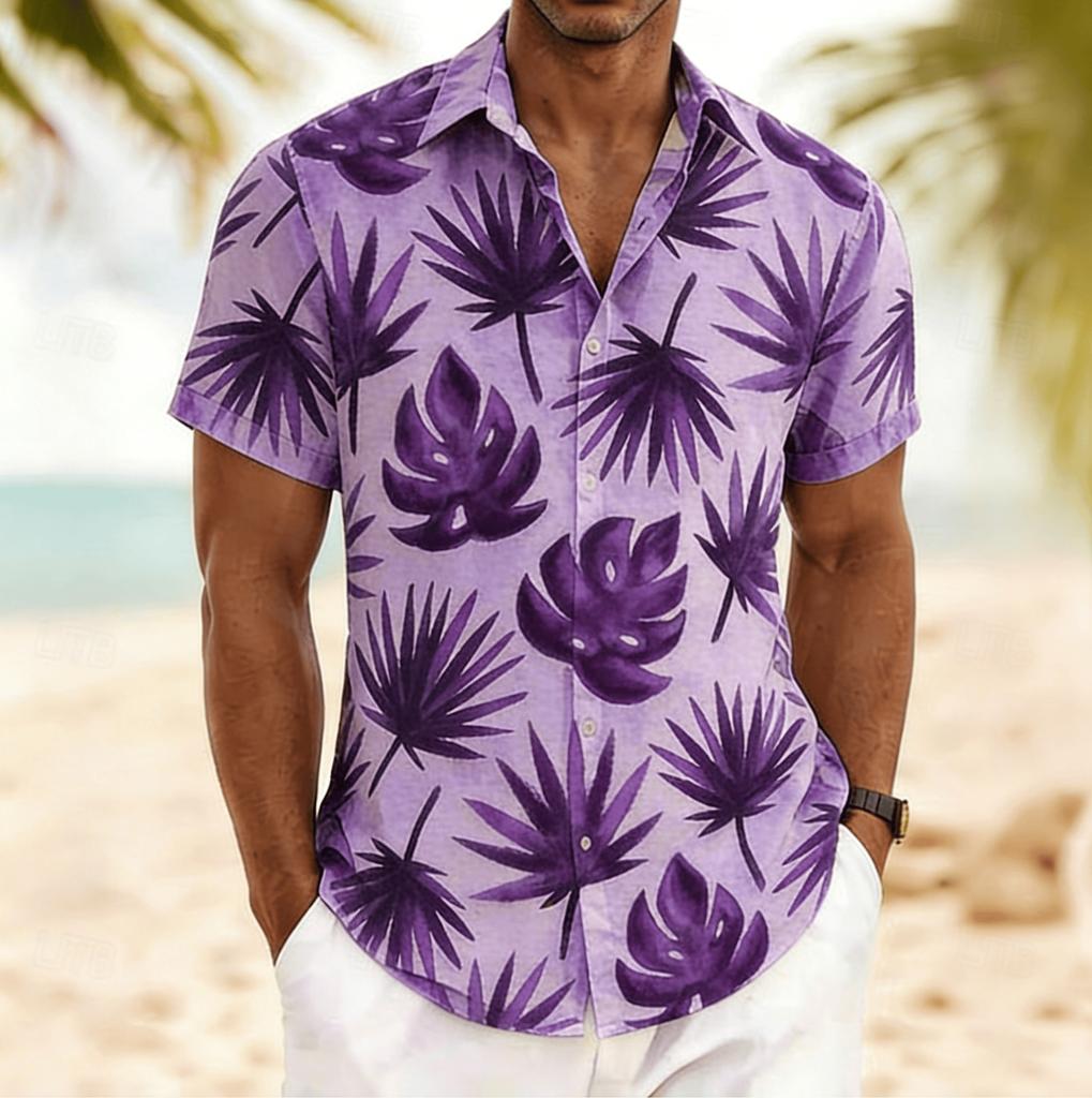 Men's Monstera & Palm Leaf Print Short Sleeve Shirt, Spring Summer Fresh Hawaiian Vacation Blouse, Loose Casual Top