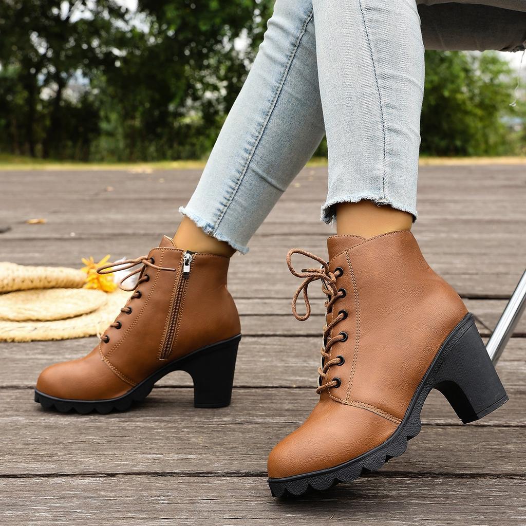 Winter New Women Boots Cross-border British-style High-heeled Ankle Boots for Export, Large Size, Thick Heel, Side Zipper