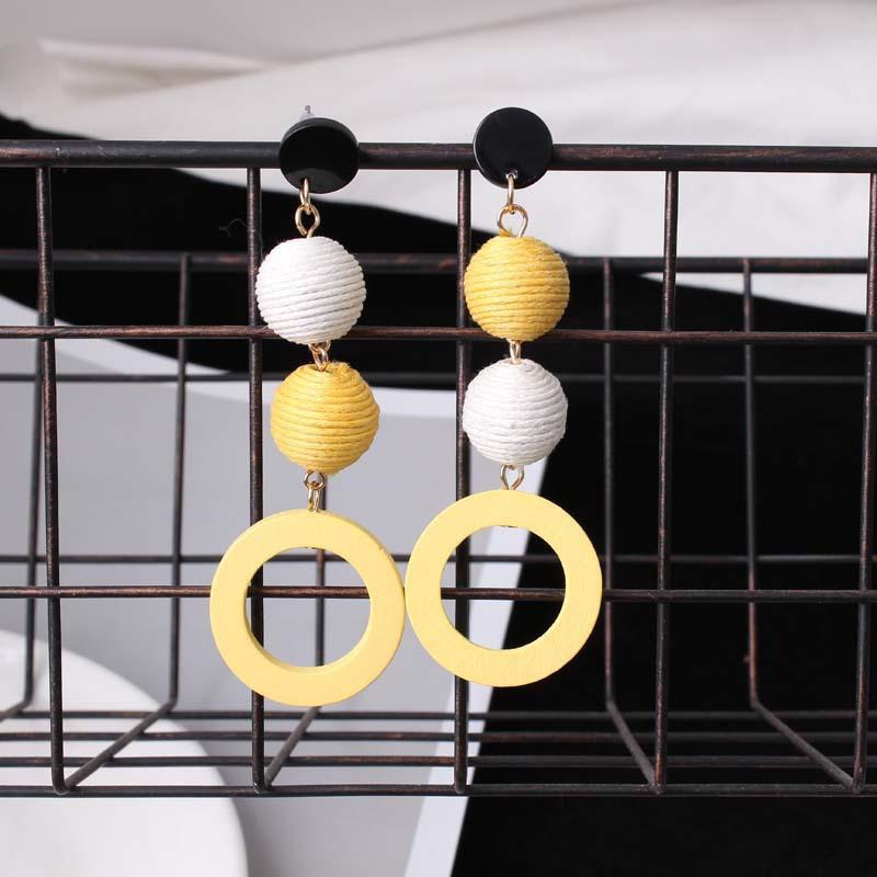 Minimalistic Hemp Rope Ball Dangling Drop Earrings for Women Yellow Color Sweet Cut Out Circle Statement Ladies Jewelry Earrings