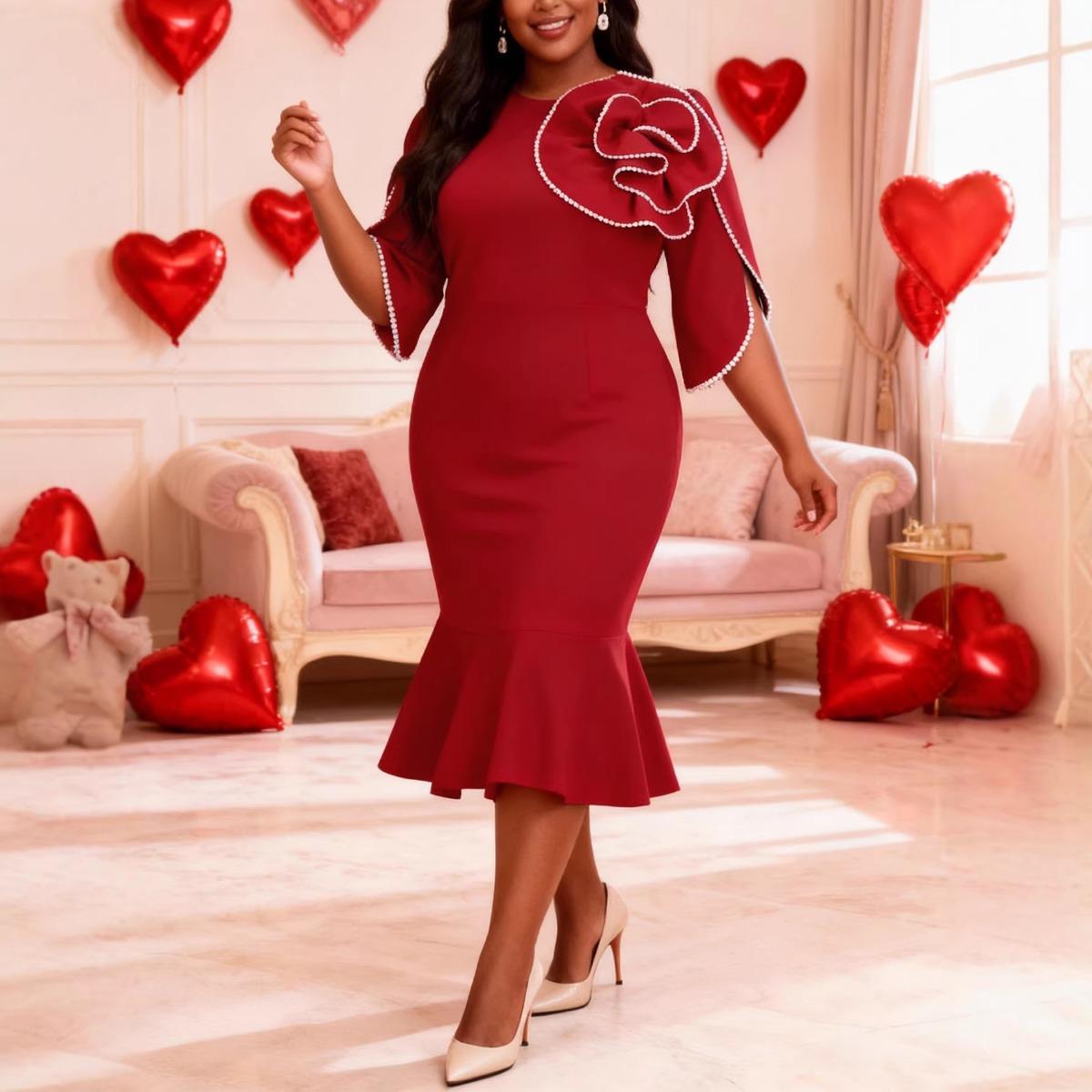 Plus Size Women`s Burgundy 3D Floral
