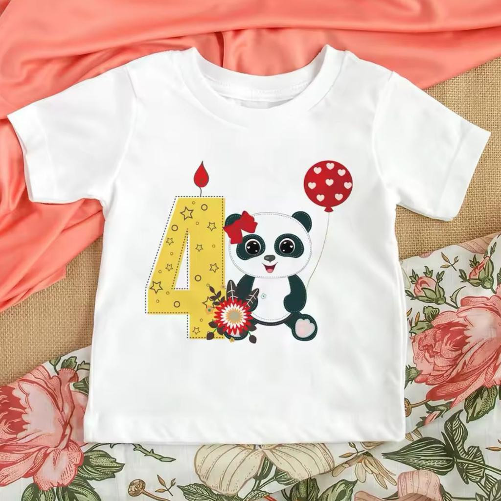 Hotselling Birthday Panda Digital Print Childrens Tshirts Roundneck Shortsleeved Tshirts for Boys and Girls Summer Modal