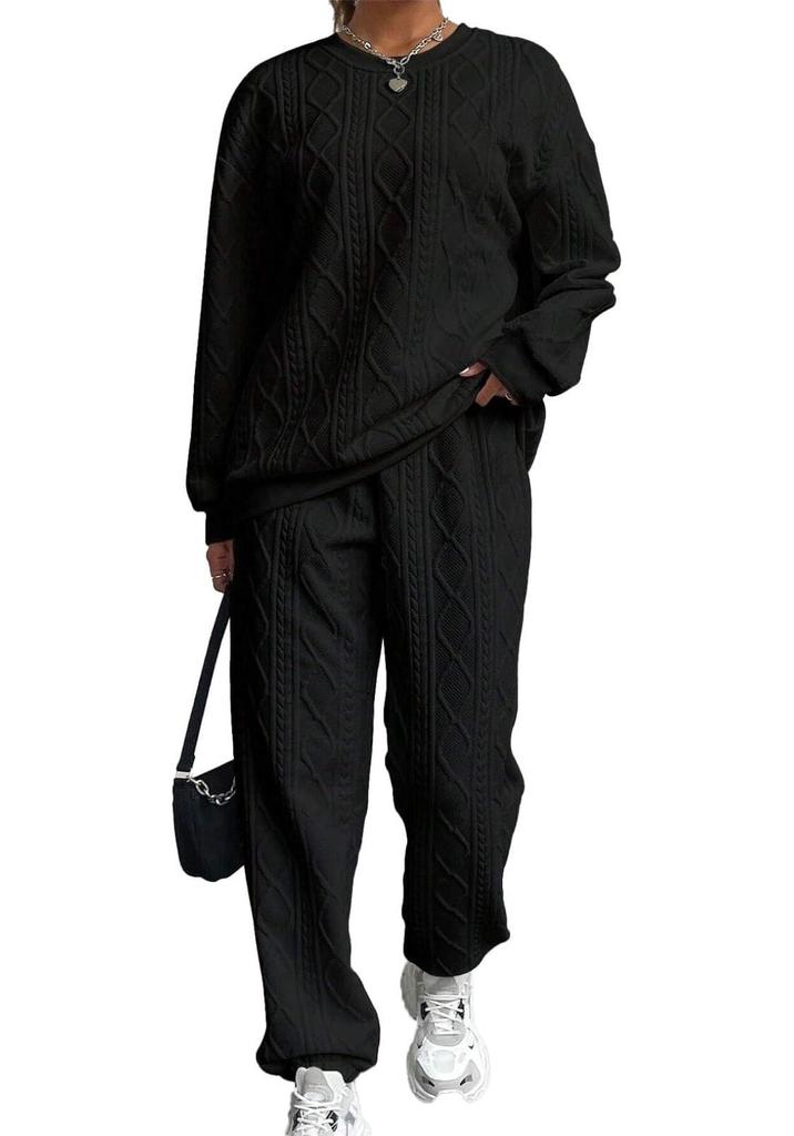 Damen Herbst/Winter 2025 Europäische & Amerikanische Mode Gerippte Jacquard-Langhosen Lässiges Zweiteiler-Set