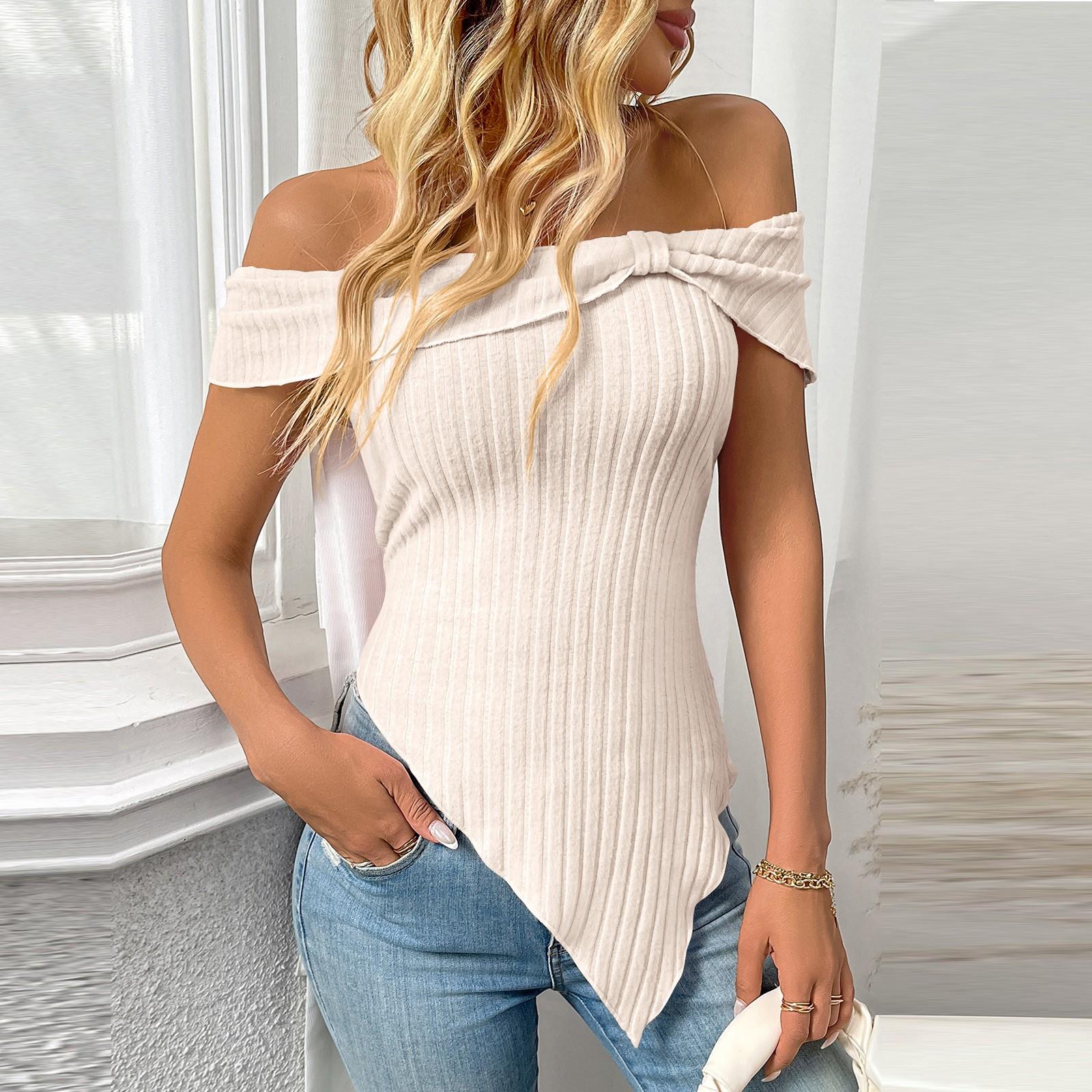 

Женская облегающая футболка с покатыми плечами, сексуальная, милая L бежевый