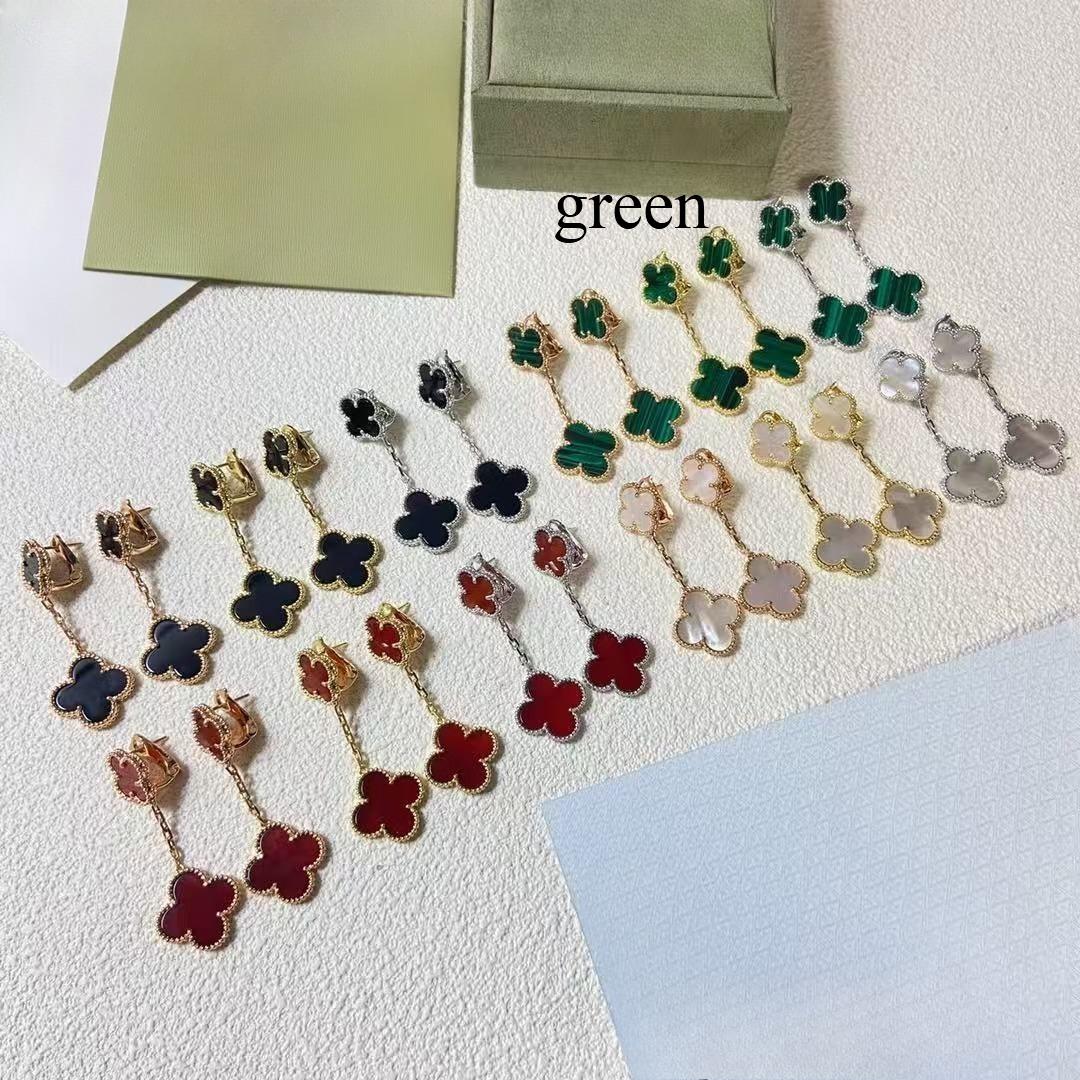 

New Arrival Four-Leaf Clover Earrings Two Flowers 18k Rose Gold Black Agate Carnelian Earring Clasp silver зелений