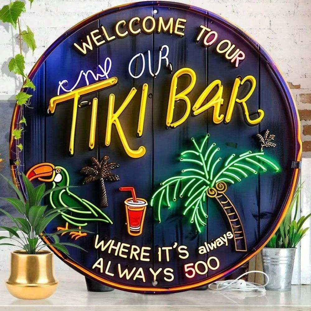 1PC 8x8 Inch Round Retro Metal Sign Welcome To Our Tiki Bar Wall Decor For Bar Home