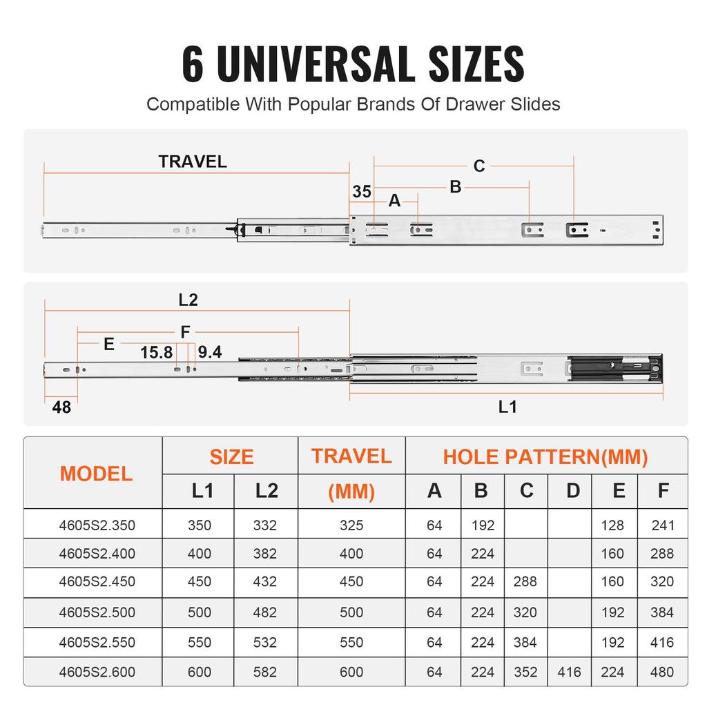 VEVOR 10 Pairs of 457.2mm Drawer Slides Side Mount Rails, Heavy Duty Full Extension Steel Track