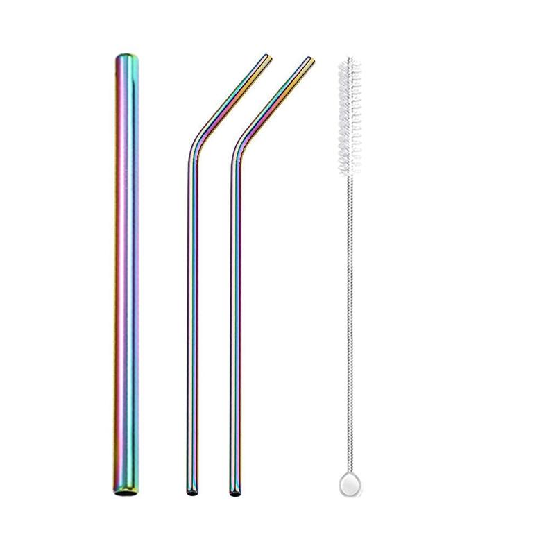 3Pcs Rainbow Color Reusable Metal Straws with Cleaning Brush 304 Stainless Steel Drinking Straws for Smoothie Milkshake Drinks