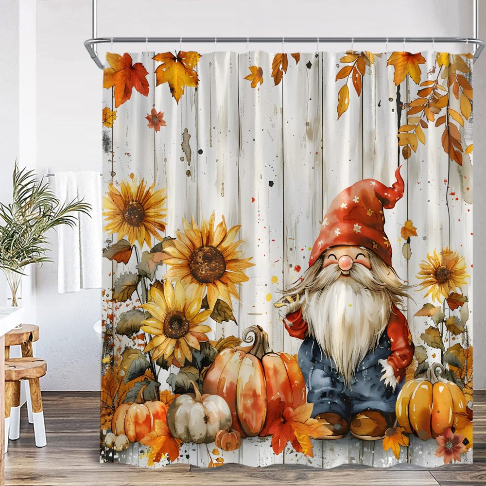Fall Elf Shower Curtain Autumn Wooden Barn Door Pumpkin Sunflower Maple Bathroom Decor Nature Kid Child Bath Curtain with Hook