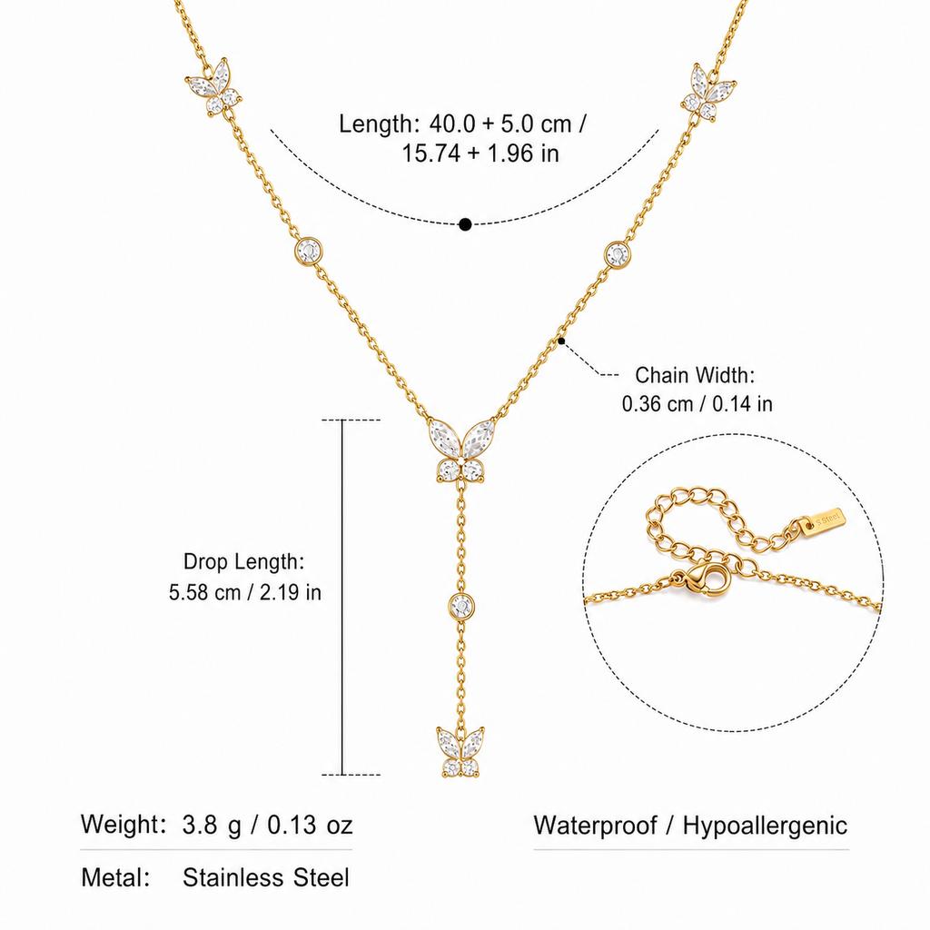 18K Gold Plated Stainless Steel Butterfly Figaro Chain Y Necklace Tarnish Free Zircon Pendant Office/Career Layering Jewelry for