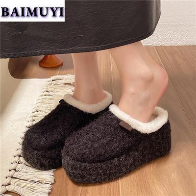 Fur Flats Platform Women Cotton Slippers Fashion Shoes 2025 Trend Winter Short Plush Slingback Flip Flops Casual Mujer Zapatos