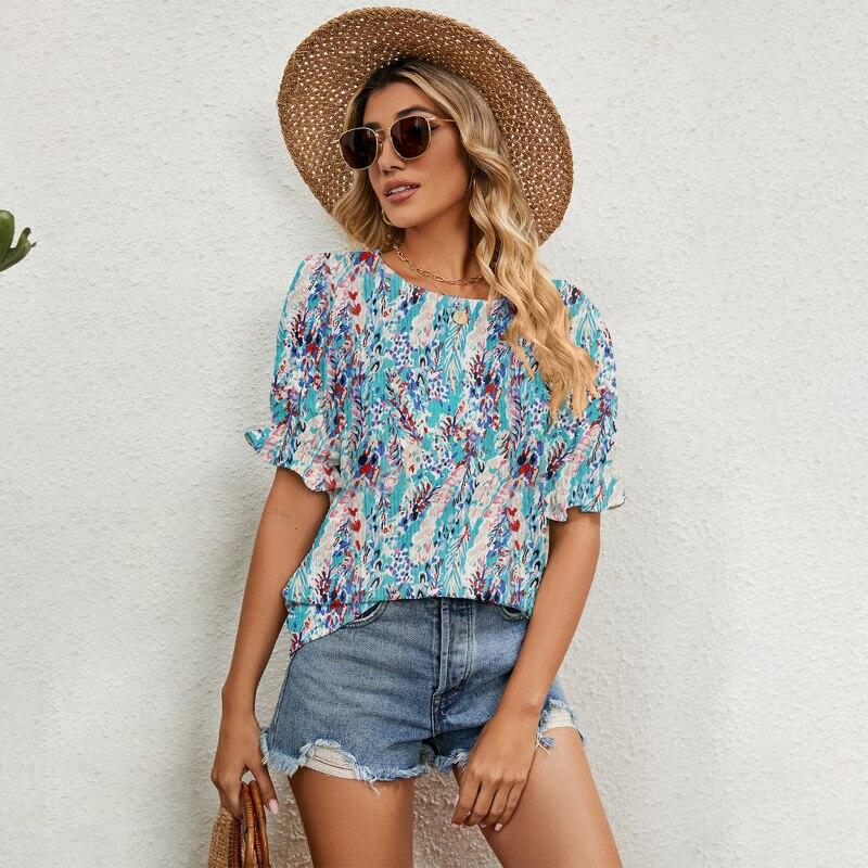 Baumwolle Shirt Kurzarm Kleidung Sommer 2023 Floral Print Tops Frauen Bluse Casua Lose Rundhals Pullover Blusas 24742