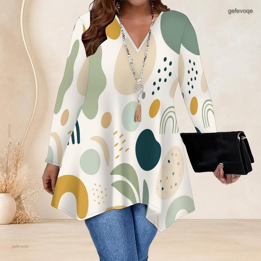 Plus Size Ladies V Neck Long Sleeve Loose Casual Blouse With Irregular Split Hem