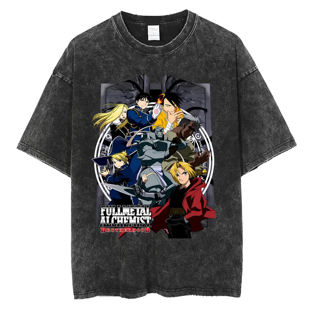 Washed Vintage Anime Fullmetal Alchemist Alphonse Elric Edward Elric T-shirt Clothing Manga Oversized Crewneck T Shirt Unisex