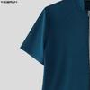INCERUN Summer Men Stand Neck Short Sleeve Zipper Splits Fitted Casual Tops T-shirts