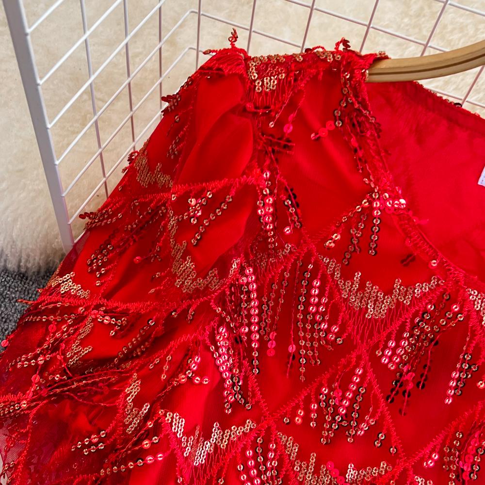 Elegant Summer A-line Sequin Tassel Dress - Short Sleeve, Round Neck, Loose Fit