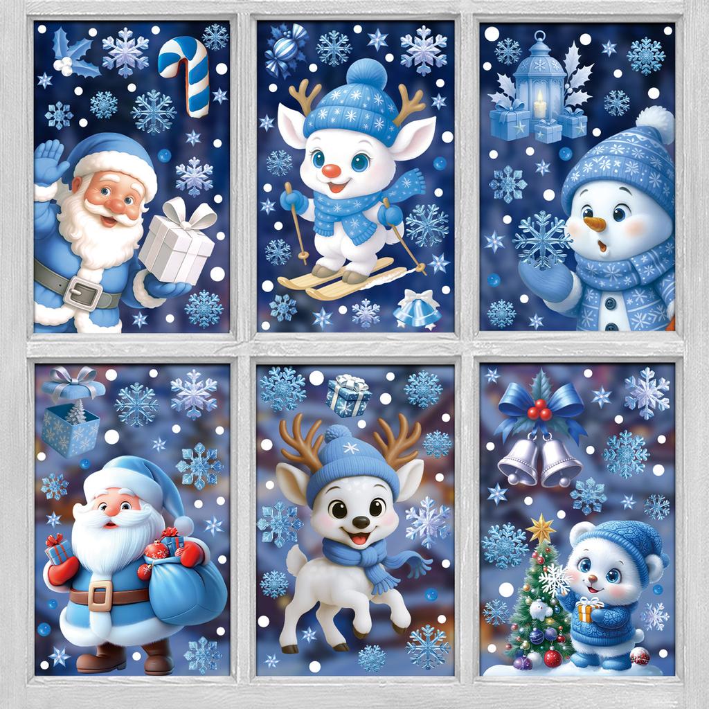 Merry  Christmas Window Stickers Blue Snowman Santa Claus Snowflake Elk Glass Decals  2025  xmas Party Stickers Gifts