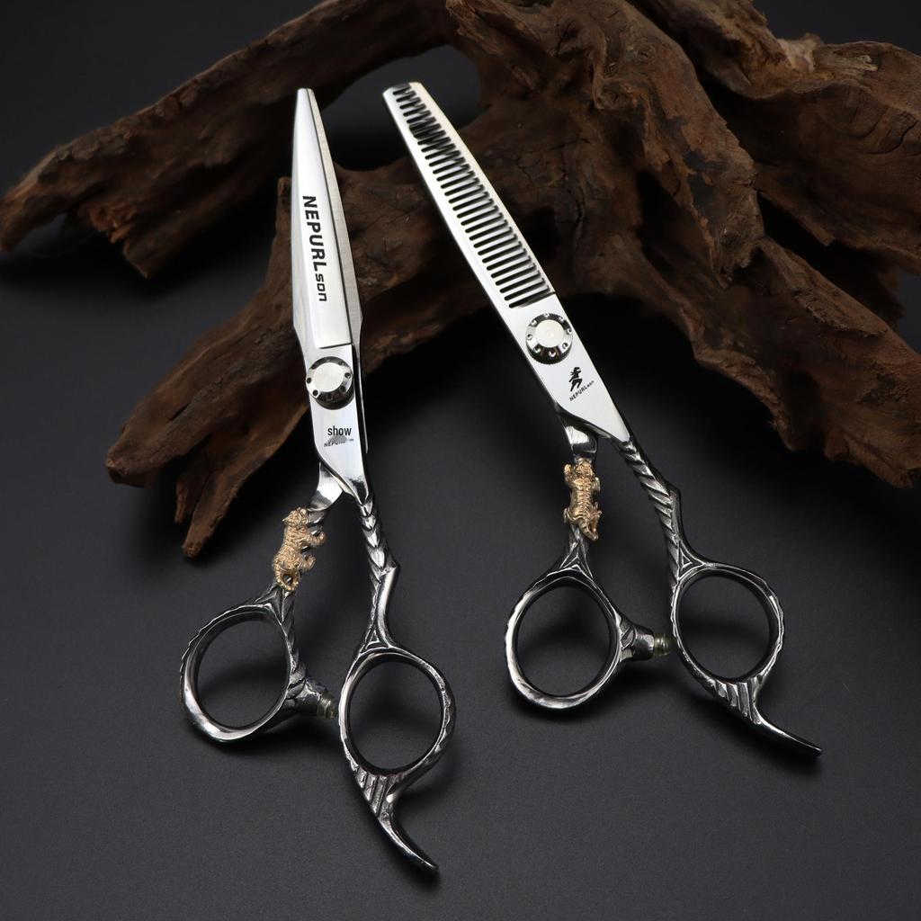 6" DMX-31 Premium Hairdressing Scissors Set: Straight, Serrated, Thinning Shears - Little Golden Tiger 7H