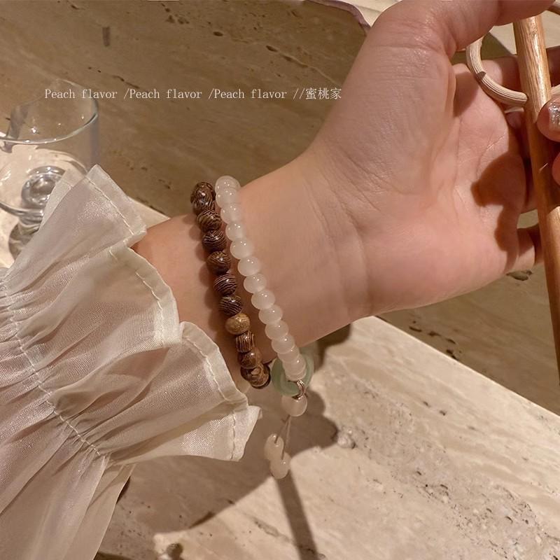 New Chinese Wood Grain Contrasting Color Beaded Bracelet Women's Retro Temperament Double Layer Bracelet Hand