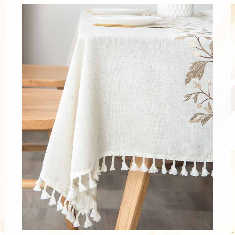 Nappe Brodée en Coton et Lin avec Pompons - Housse de Table Carrée Rectangulaire Ronde pour Table à Manger Table Basse Décoration de Maison