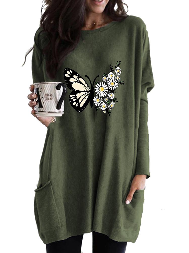 Women's Long Tunic with Pockets Loose Fit Fashion Printed Logn Sleeve Top Women's Sweatshirt