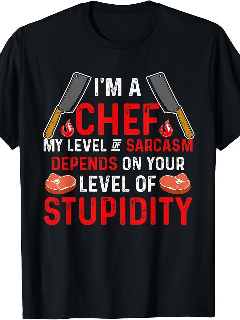 Funny Sarcastic Chef T-Shirt for Men & Women - Retro "I'm A Chef My Sarcasm Depends On Your Stupidity" Meat Cleaver Graphic Tee, Kitchen Cooking Gift