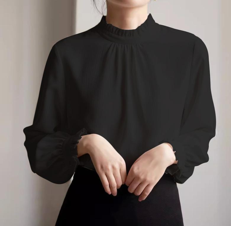 Women's French Style Ruffle Mock Neck Long Sleeve Blouse Elegant Office Commuter Shirt Layering Top For Spring