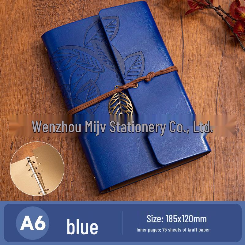 Retro A6 Leather Cover Notebook: Japanese Korean Style Planner & Travel Diary with Leaf Design and Strap.