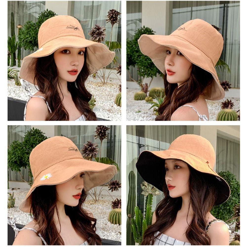 Cotton Daisy Bucket Hat Double-sided Beach Sun Cap Fashion Panama Hat  Woman