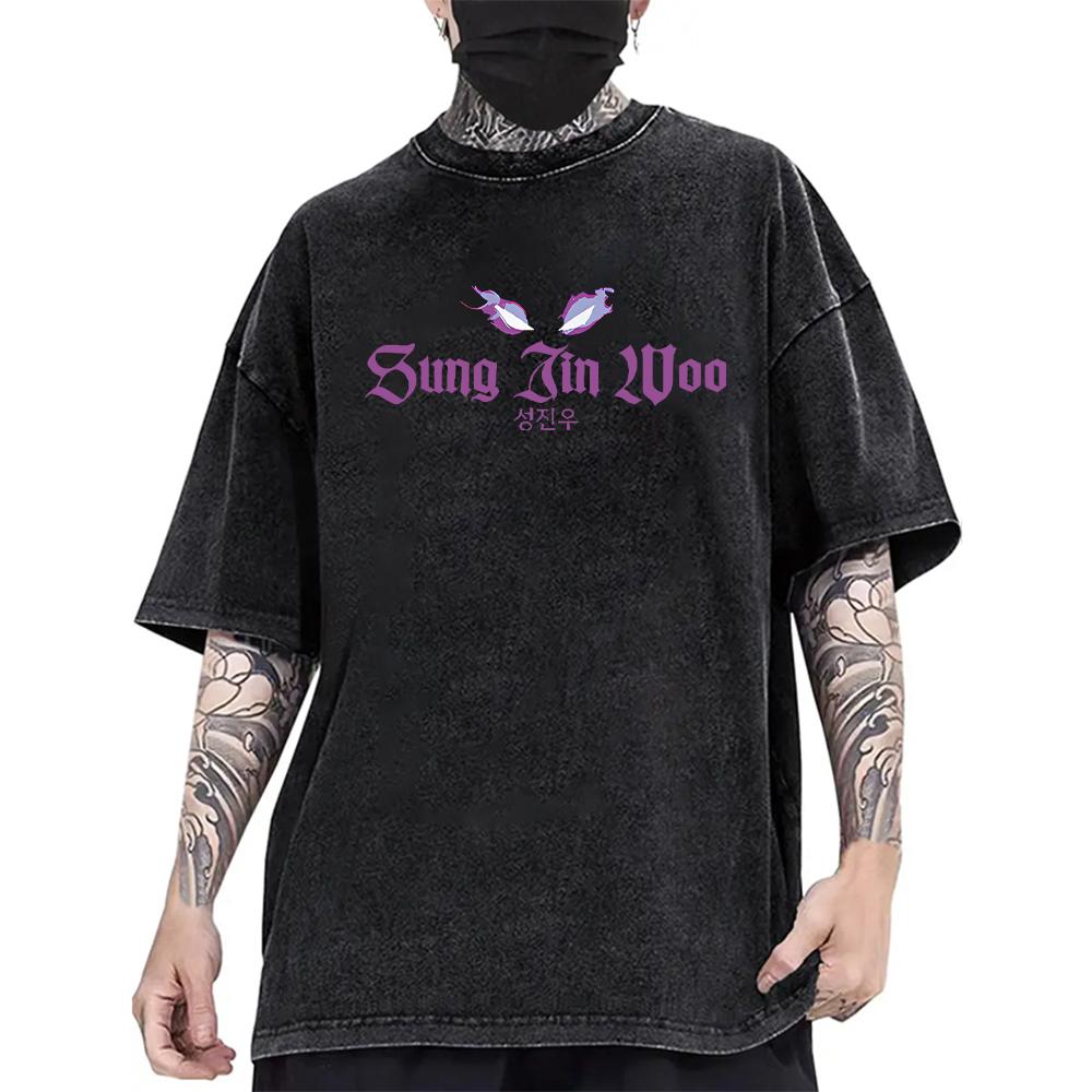

Harajuku Anime Solo Leveling Sung JinWoo Cool Graphic Vintage Tee Men Casual Cotton Tshirts Manga Washed T Shirt Male T-shirt XXL
