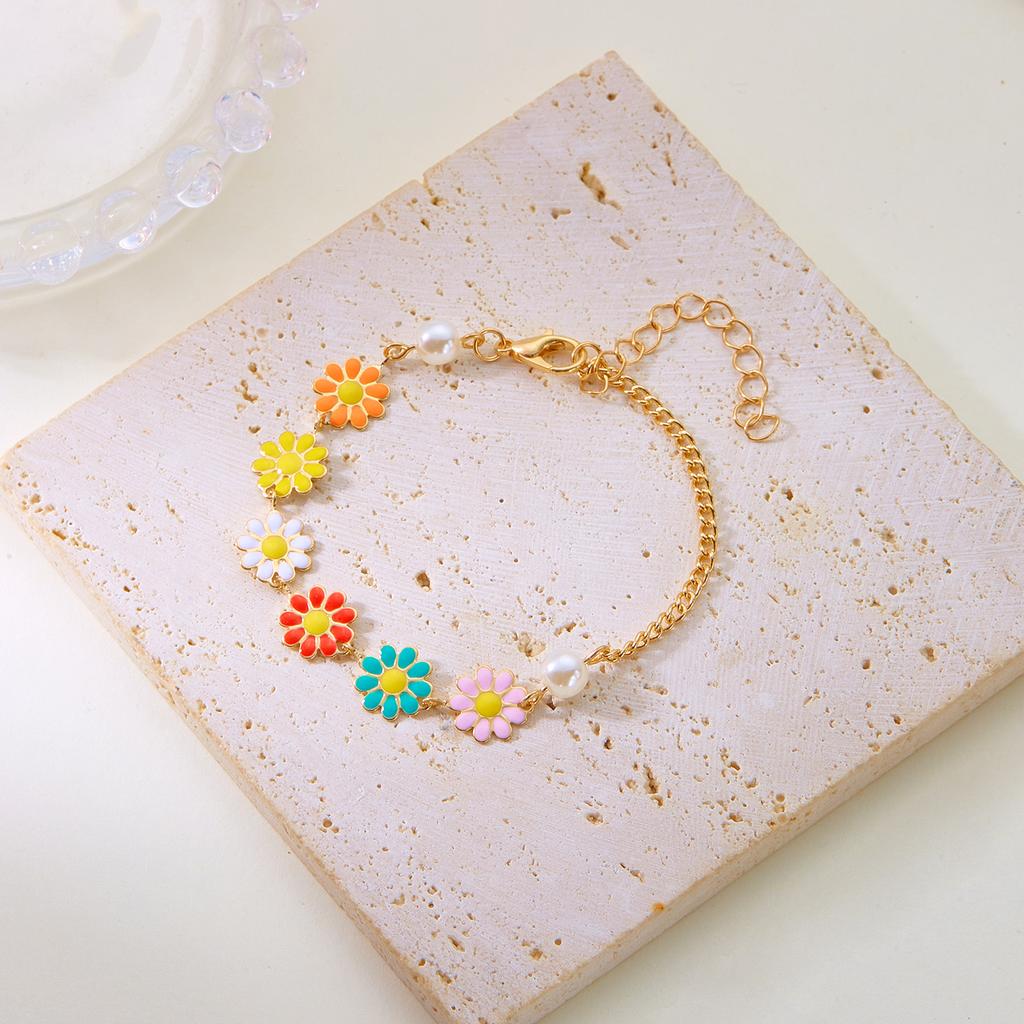 Colorful Daisy Flower Bracelet Necklace For Women Korean Sweet Clavicle Chain Choker Jewelry Set Girls Wedding Party Gift