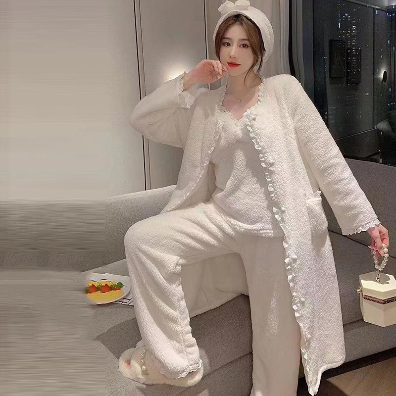 

Коралловый флис пижама 3 шт женские утолщенные теплые тонкие бретельки длинные брюки внешний халат женская ночная рубашка бархатная фланелевая пижама XL белый