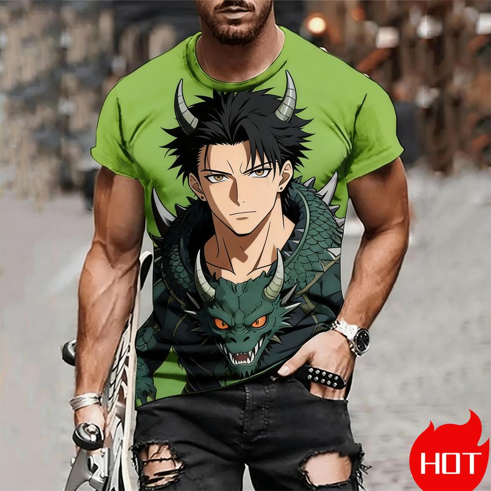 Man Anime Printed Casual Round Neck T-shirt Fashionable Comfortable Soft Breathable Minimalist Daily Large Loose T-shirt