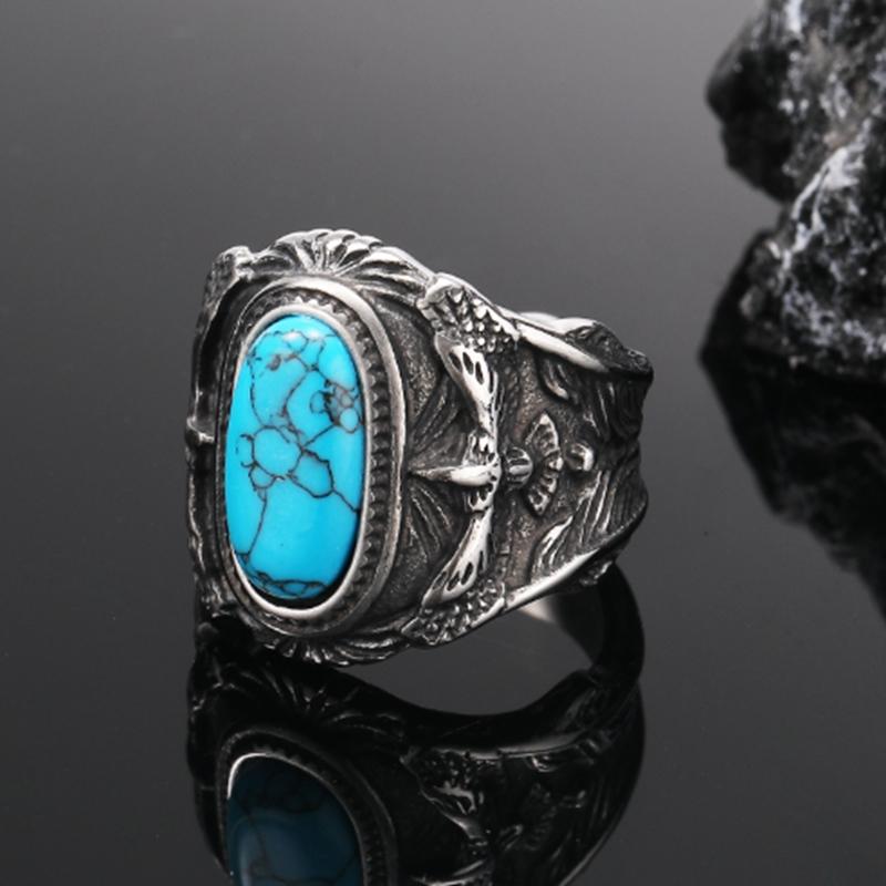 

Vintage Stainless Steel Stone Rings for Men Personalized Turquoise Finger Ring Hip Hop Domineering Eagle Charm Jewelry Gift 7