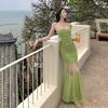 Thai Summer Dopamine Green Splicing Suspender Dress Sexy Pleated Hip Wrap Fishtail Dress
