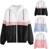 Womens  Long-sleeved Hooded Zipper  Stitching Contrast Color Windbreaker Coat