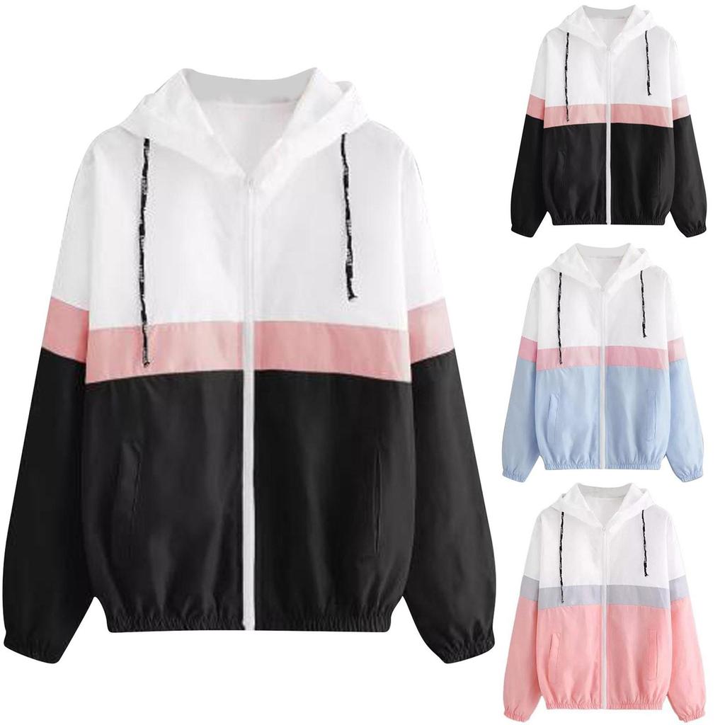 Womens  Long-sleeved Hooded Zipper  Stitching Contrast Color Windbreaker Coat