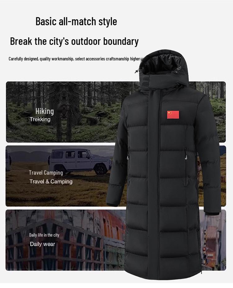 Chinese Captain Style Down Coat for Sports Students - Knee-Length, Winter Training Outerwear, National Costume-Inspired Long Robe
