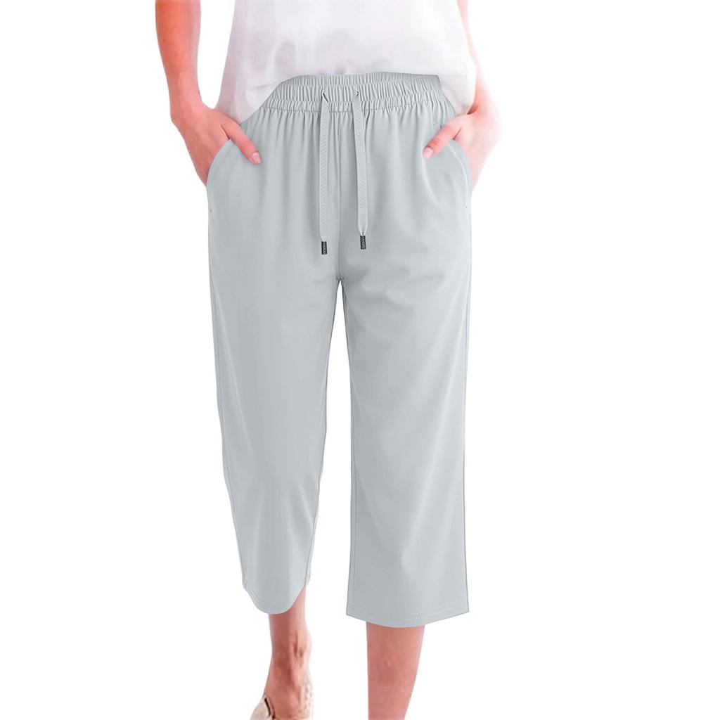 Women High Waist Wide Leg Cropped Pants with Drawstring Elastic Waistband Lightweight Breathable Quick Dry Casual Sports Trousers
