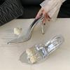 Fashion Liyke Summer Fashion Pearl Flower Designer High Heels Slippers For Woman Open Toe Party Dress Shoes PVC Transparent Sandal Women