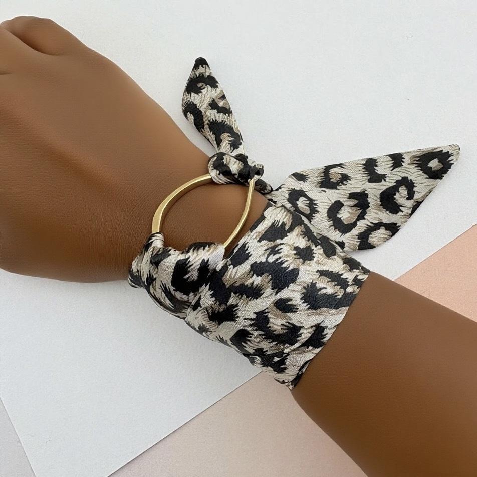 New Trendy Boho Women Leopard Print Silk Scarf Bracelet Stainless Steel Ring Charm Wrap Wristband Jewelry Irregular Metal