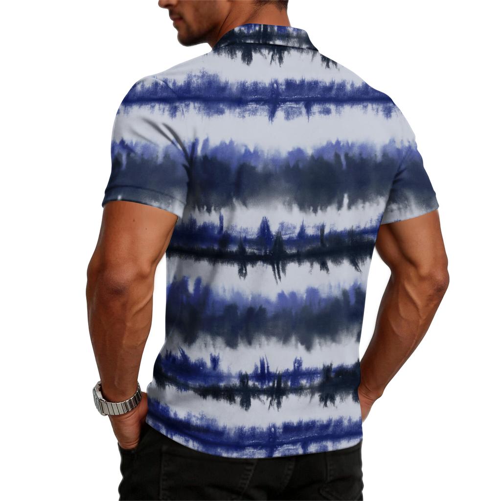 Men’s Short Sleeve Polo Shirt with Abstract Tie Dye Print Classic Button Down Collar Casual Fit Top Tee