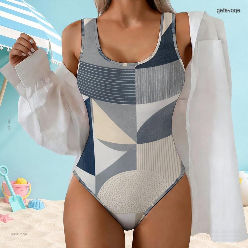 Women Plus Size Geometric Printed Scoop Neck Wide Strap One Piece High Cut Swimsuit