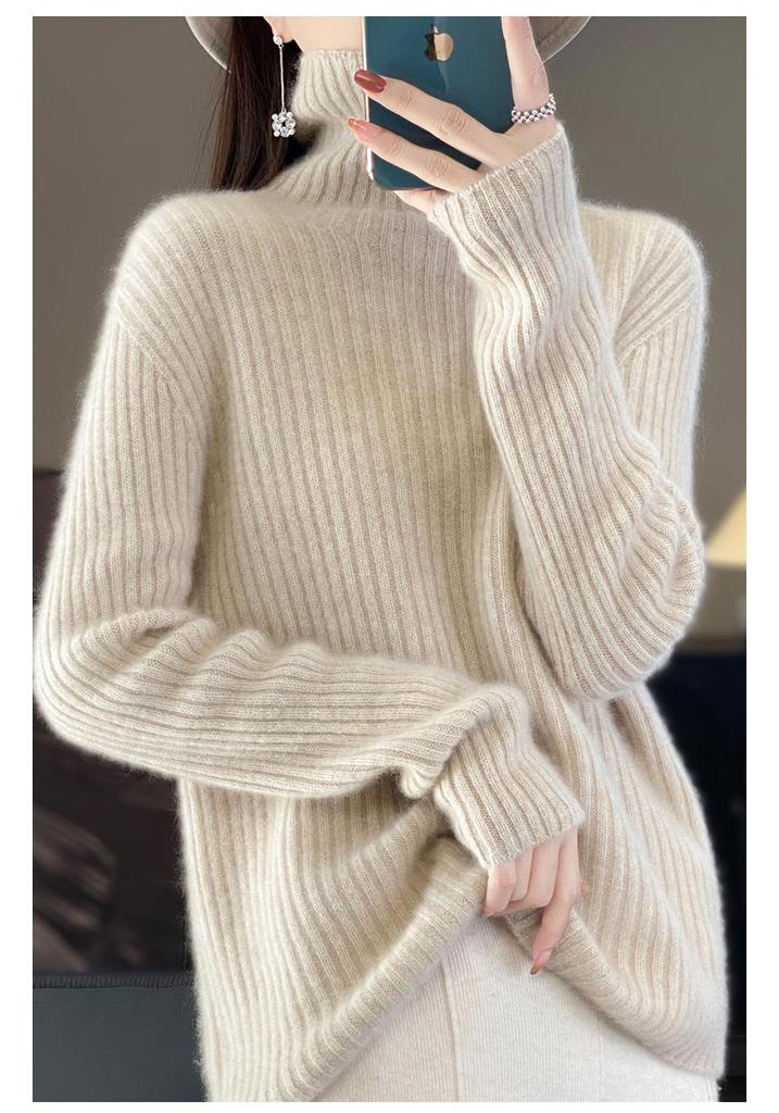 Women's High-Neck Wool Sweater: Seven-Needle Double-Strand, Thickened Vertical Rib Knit, Loose Fit, Long-Sleeved Autumn/Winter Base Layer.