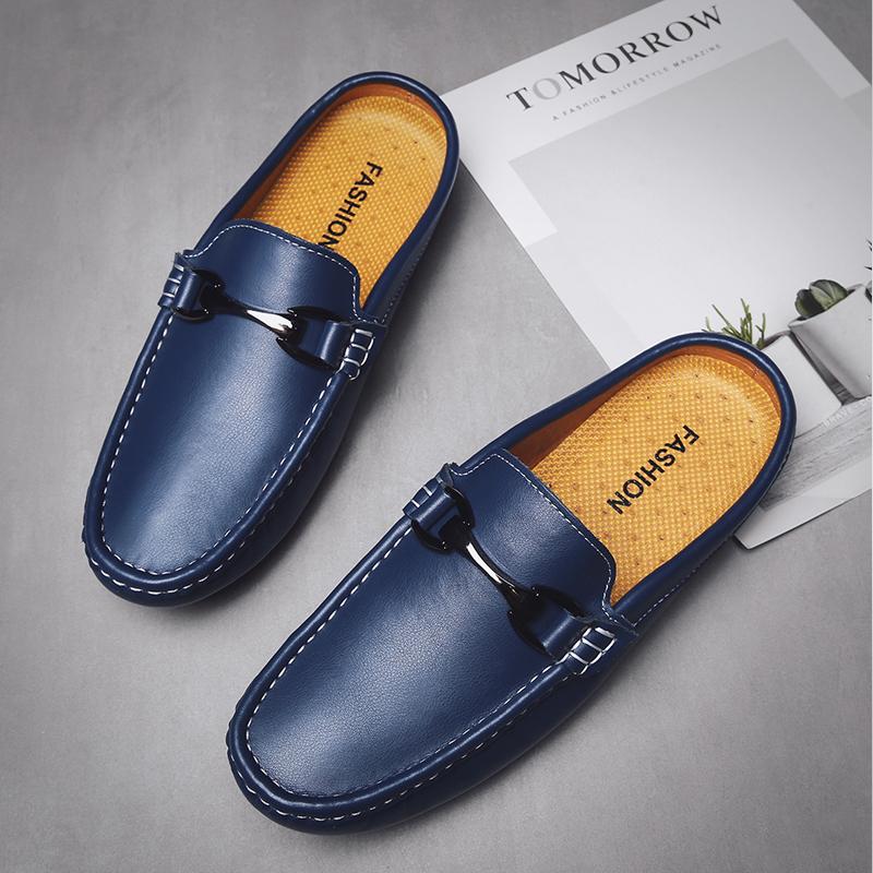 Fashion Breathable Mens Half Slippers Genuine Leathe Muller Shoes Loafers Handmade Male Comfy Flats Lazy Shoes Outdoor Soft Casual Shoes